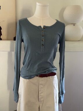 Faherty Mineral Blue Ribbed Henley Tee Small | Soft Cotton Blend Long Sleeve